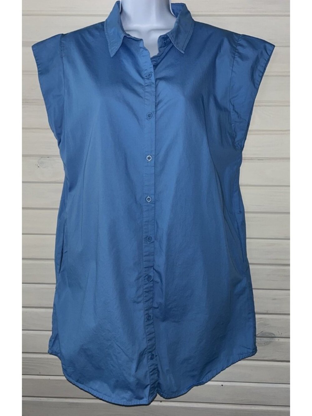 Gilli Womens Sz LARGE Blue Mini Shift Dress Cotton Pockets Cap Sleeve EUC